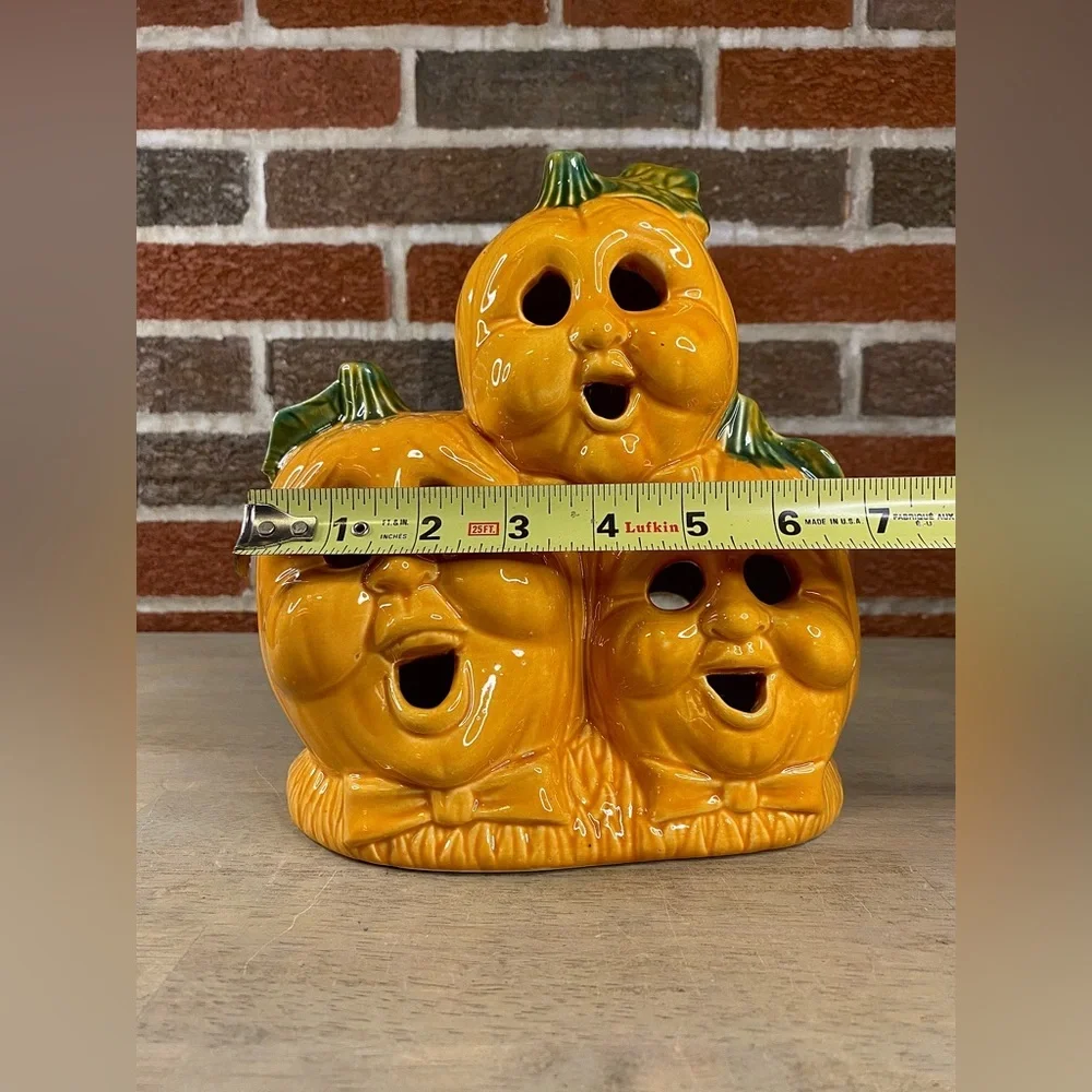 VTG Halloween Ceramic Light Up Pumpkin Patch Jack O Lantern 8 x 7